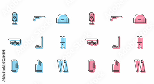 Set line Carabiner, Gloves, Gauge scale, Rubber flippers for swimming, Snorkel, Wetsuit scuba diving, Diving belt and Fishing harpoon icon. Vector