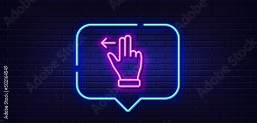 Neon light speech bubble. Touchscreen gesture line icon. Slide left arrow sign. Swipe action symbol. Neon light background. Touchscreen gesture glow line. Brick wall banner. Vector