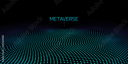 Metaverse world map globe blue light dots pattern wavy background in concept Metaverse, virtual reality, augmented reality and blockchain technology.
