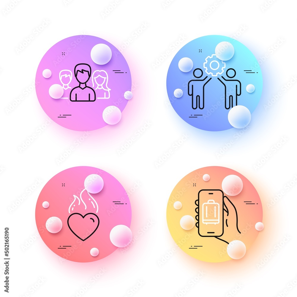 Baggage app, Teamwork and Heart flame minimal line icons. 3d spheres or balls buttons. Employees teamwork icons. For web, application, printing. Luggage claim, Group of users, Love fire. Vector Baggage app, Teamwork and Heart flame minimal line icons. 3d spheres or balls buttons. Employees teamwork icons. For web, application, printing. Luggage claim, Group of users, Love fire. Vector