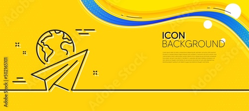 Paper plane line icon. Abstract yellow background. International flight sign. Online travel symbol. Minimal paper plane line icon. Wave banner concept. Vector