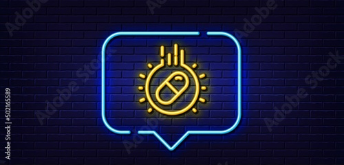 Neon light speech bubble. Capsule pill line icon. Medical drugs sign. Pharmacy medication symbol. Neon light background. Capsule pill glow line. Brick wall banner. Vector