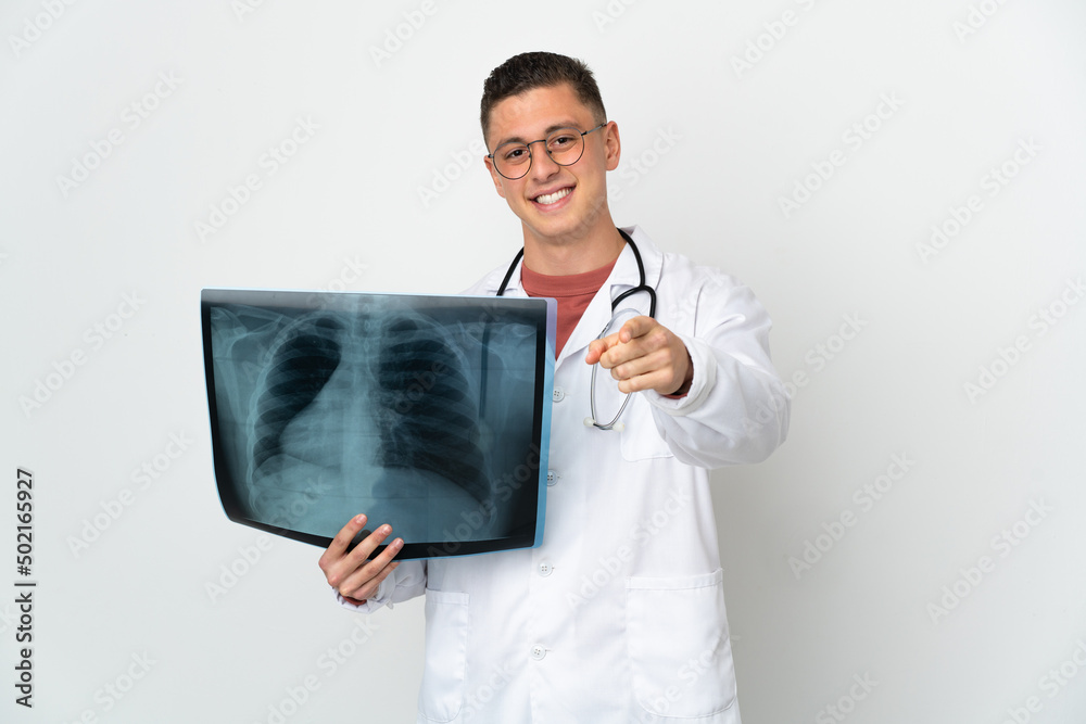 Professional traumatologist on white background pointing front with happy expression Professional traumatologist on white background pointing front with happy expression