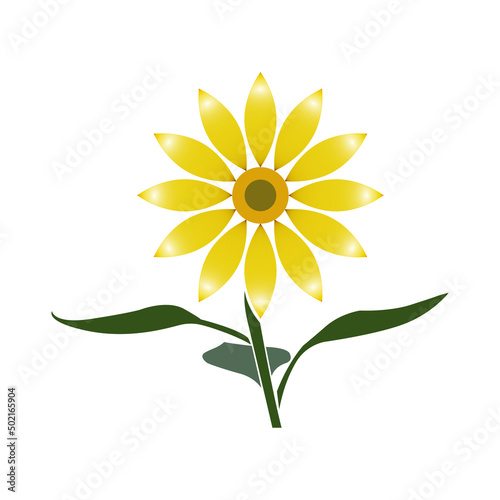 Sunflower flower with stem and three leaves, icon. © Slavenya