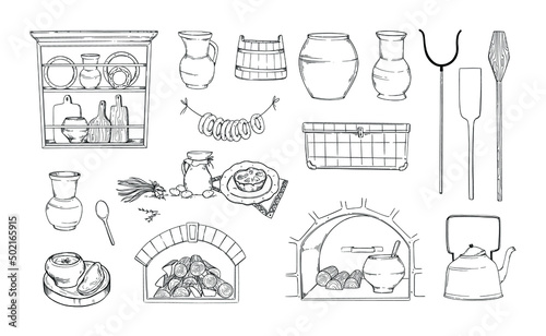 Vector linear illustrations - old style kitchen. Authentic oven, stove interior, samovar, tong, vintage pots, earthenware, firewood. Hand drawn elements. Perfect for menu, delivery, articles, blogs