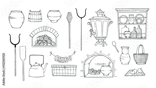 Vector linear illustrations - old style kitchen. Authentic oven, stove interior, samovar, tong, vintage pots, earthenware, firewood. Hand drawn elements. Perfect for menu, delivery, articles, blogs
