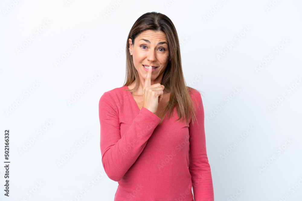 Middle age caucasian woman isolated on white background showing a sign of silence gesture putting finger in mouth Middle age caucasian woman isolated on white background showing a sign of silence gesture putting finger in mouth