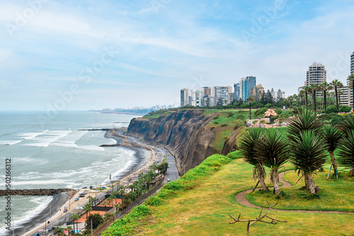 View of the ocean and Miraflores district in Lima, Peru. photo