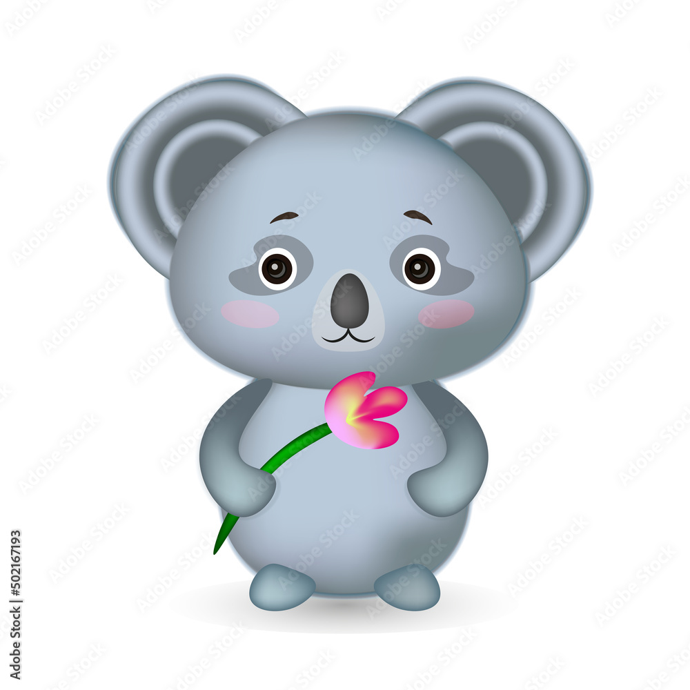 Vector 3d illustration, cute koala is holding a tulip. Kawaii shy cartoon animal. Suitable for cards, baby products, children's books, goods.