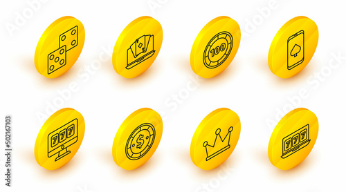 Set line Online slot machine with lucky sevens jackpot, Crown, Casino chip dollar, poker table game, chips, and Game dice icon. Vector