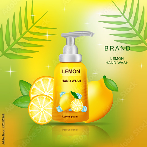 Lemon hand wash pump bottle product advertising on realistic composition on shiny and rays background.