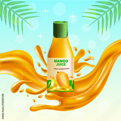 Summer special mango juice plastic bottle advertisement with realistic mango splash on blue shiny background.
