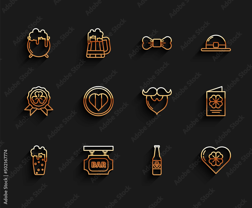 Set line Glass of beer, Witch cauldron, Beer bottle four leaf clover, Heart, and Happy Saint Patrick day, Patricks Day flyer, brochure, postcard and Mustache beard icon. Vector Set line Glass of beer, Witch cauldron, Beer bottle four leaf clover, Heart, and Happy Saint Patrick day, Patricks Day flyer, brochure, postcard and Mustache beard icon. Vector