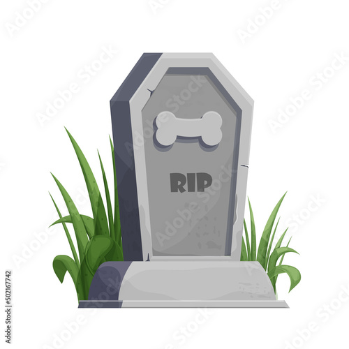 Pet gravestone, animal funeral with foot print decorated with grass in cartoon style isolated on white background. 