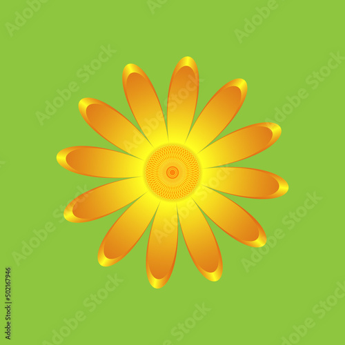 The chamomile flower. Single flower orange calendula made of simple geometric shapes on a green background, icon
