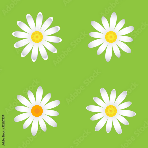 The chamomile flowers. Set single flower 
of white daisies made of simple geometric shapes on a green background, icon