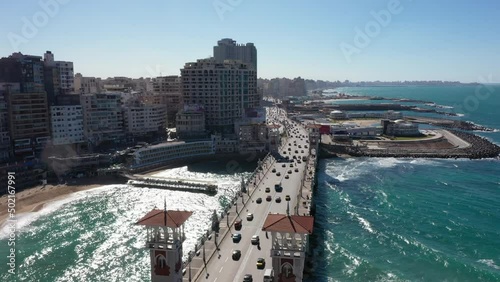 Rare Aerial Drone shot of Stanley Bridge at noon in Alexandria, Egypt photo