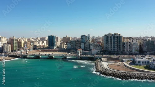 Aerial Drone shot of Alexandria Corniche, Stanley Bridge, and Beautiful Beach (Alexandria, Egypt) photo