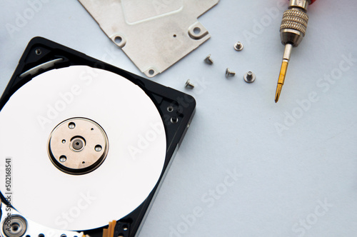 The abstract image of inside of hard disk drive on white cover background. Concept of data, hardware, and information technology.