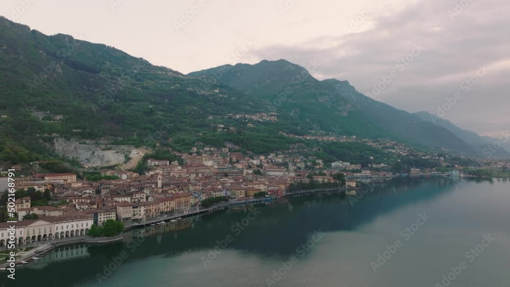 Aeriel view of Lake Iseo at sunrise, on the left the city of lovere which runs along the lake,Bergamo Italy. Aeriel view of Lake Iseo at sunrise, on the left the city of lovere which runs along the lake,Bergamo Italy.