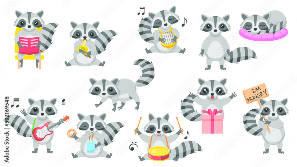 Obraz premium Big Set Abstract Collection Flat Cartoon Different Animal Raccoons Vector Design Style Elements Fauna Wildlife