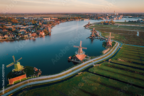 Aerial view of the historical village with old windmills in Zaanse Schans, Netherlands