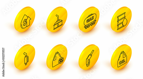 Set line Canister for motor machine oil, Gasoline pump nozzle, Antifreeze canister, Barrel, railway cistern, and Oil price increase icon. Vector