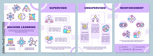 Machine learning categories brochure template. Data processing. Leaflet design with linear icons. 4 vector layouts for presentation, annual reports. Arial-Black, Myriad Pro-Regular fonts used