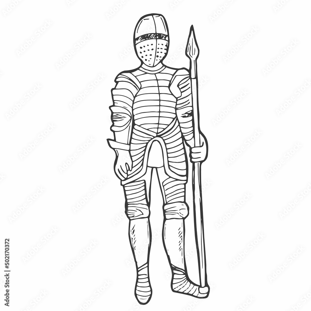 Obraz premium Doodle Knight Icon. Realistic Armored Knight drawing. History and Medieval concept.