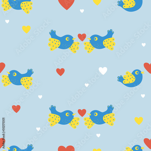 Seamless pattern with pair of decorative birds with heart on light blue background. Vector illustration for decor, design, decoration, printing, textile and packaging, wallpaper