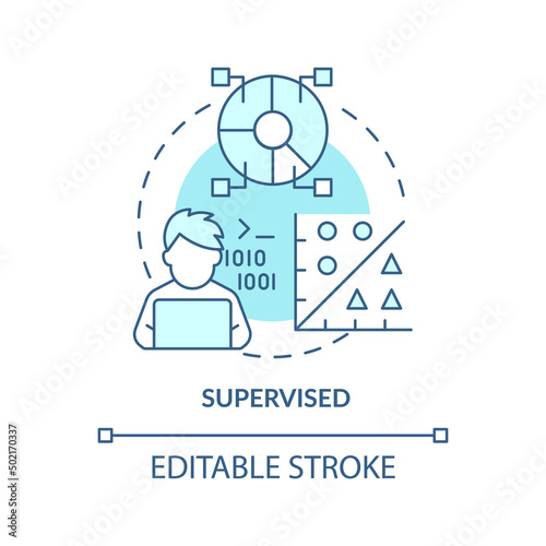 Supervised turquoise concept icon. Labeled dataset. Category of machine learning abstract idea thin line illustration. Isolated outline drawing. Editable stroke. Arial, Myriad Pro-Bold fonts used