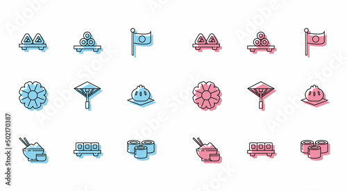 Set line Rice in a bowl with chopstick, Sushi on cutting board, Japanese umbrella from the sun, Khinkali, Flower and icon. Vector