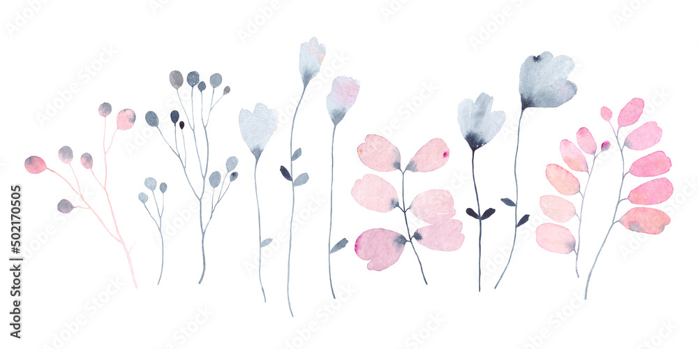 Watercolor set with cute flowers, leaves and branches. Wildflowers. Floral collection isolated on white background.