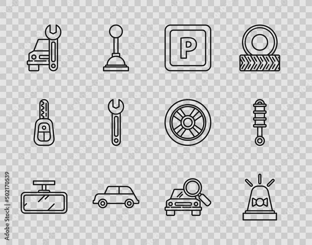 Set line Car mirror, Flasher siren, Parking, service, Wrench, search and Shock absorber icon. Vector Set line Car mirror, Flasher siren, Parking, service, Wrench, search and Shock absorber icon. Vector