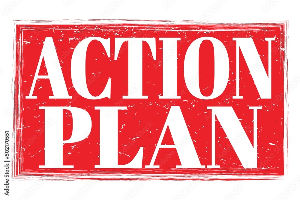 ACTION PLAN, words on red grungy stamp sign
