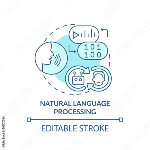 Natural language processing turquoise concept icon. Field of machine learning abstract idea thin line illustration. Isolated outline drawing. Editable stroke. Arial, Myriad Pro-Bold fonts used