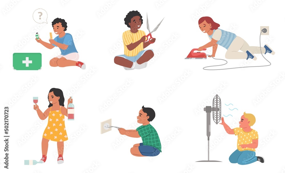 Fototapeta premium Kids in dangerous situations isolated vector set