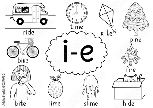 I-e digraph spelling rule black and white educational poster for kids with words. Learning i-e phonics for school and preschool. Phonetic worksheet. Vector illustration