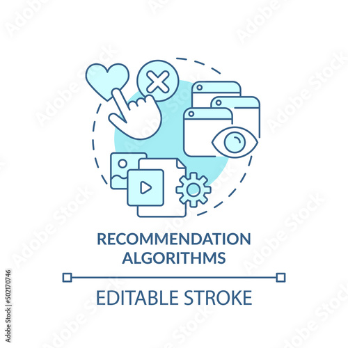 Recommendation algorithms turquoise concept icon. Use of machine learning abstract idea thin line illustration. Isolated outline drawing. Editable stroke. Arial, Myriad Pro-Bold fonts used
