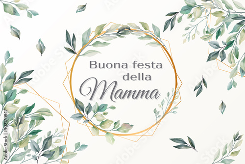 biglietto o striscione "Festa della mamma" in grigio con cerchio dorato e diamante nei toni del fogliame verde e fogliame verde tutt'intorno su sfondo bianco sporco