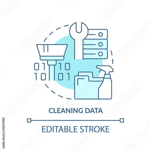 Cleaning data turquoise concept icon. Problem solving step in machine learning abstract idea thin line illustration. Isolated outline drawing. Editable stroke. Arial, Myriad Pro-Bold fonts used