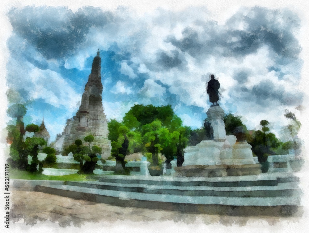 Landscape of ancient architecture and ancient art in Bangkok of Thailand watercolor style illustration impressionist painting.