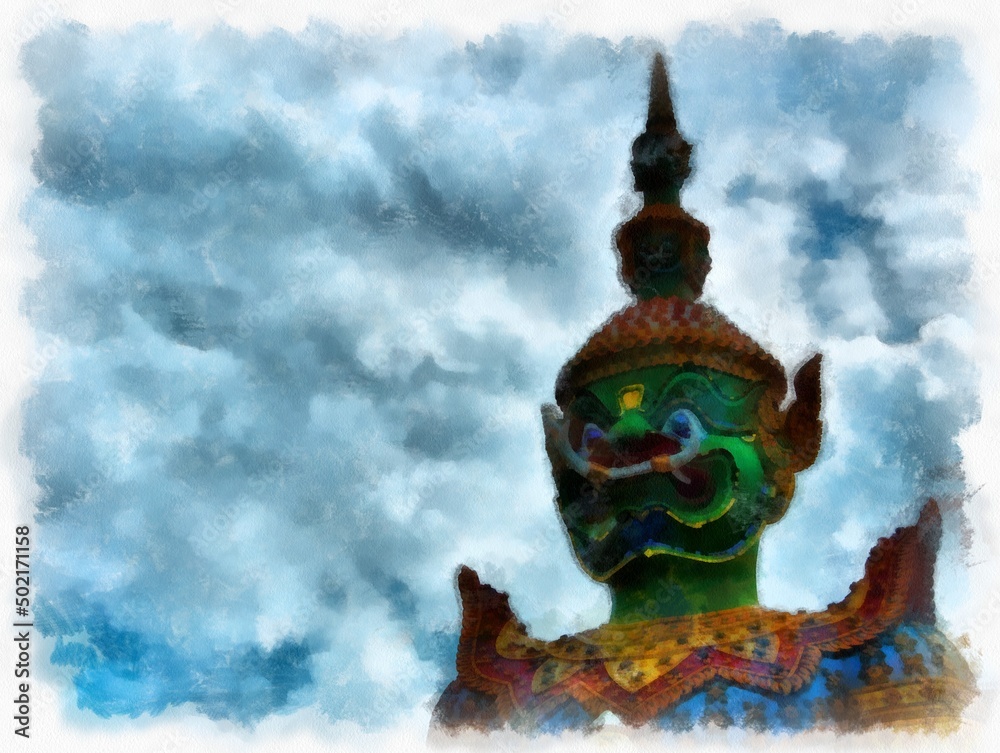 Landscape of ancient architecture and ancient art in Bangkok of Thailand watercolor style illustration impressionist painting. Landscape of ancient architecture and ancient art in Bangkok of Thailand watercolor style illustration impressionist painting.