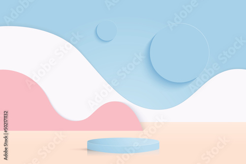 3d Stage background product scene with geometric platform. Stage background vector 3d rendering with podium. stage to show cosmetic products. light blue platform photo