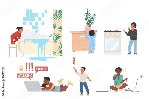 Kids at different situations isolated vector set