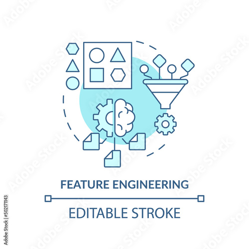 Feature engineering turquoise concept icon. Problem solving step in machine learning abstract idea thin line illustration. Isolated outline drawing. Editable stroke. Arial, Myriad Pro-Bold fonts used