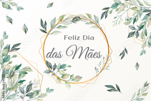 cartão ou banner "Dia das Mães" em cinza com círculo dourado e diamante em tons de folhagem verde e folhagem verde ao redor sobre fundo off-white
