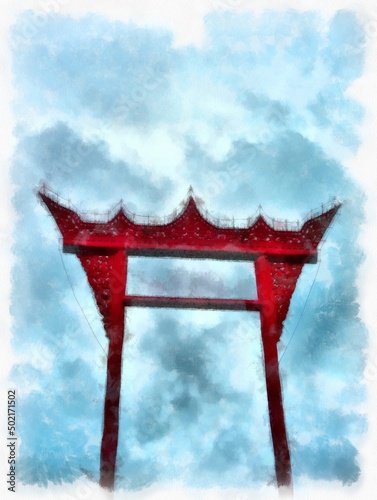 Canvas Print Landscape of ancient architecture and ancient art in Bangkok of Thailand watercolor style illustration impressionist painting