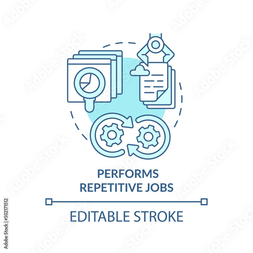 Performs repetitive jobs turquoise concept icon. Artificial intelligence advantage abstract idea thin line illustration. Isolated outline drawing. Editable stroke. Arial, Myriad Pro-Bold fonts used