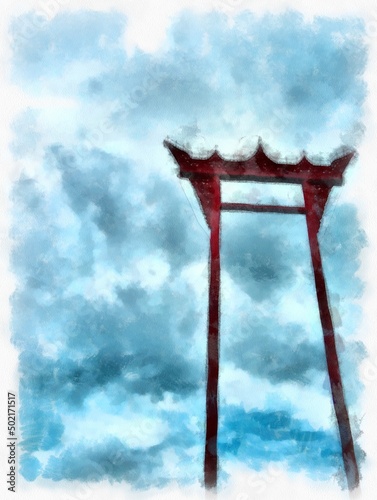Photography Landscape of ancient architecture and ancient art in Bangkok of Thailand watercolor style illustration impressionist painting